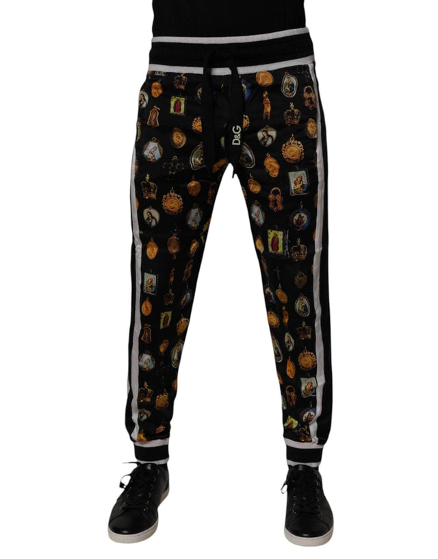 Dolce & Gabbana Black Religious Print Silk Men Jogger Pants - Hilstor