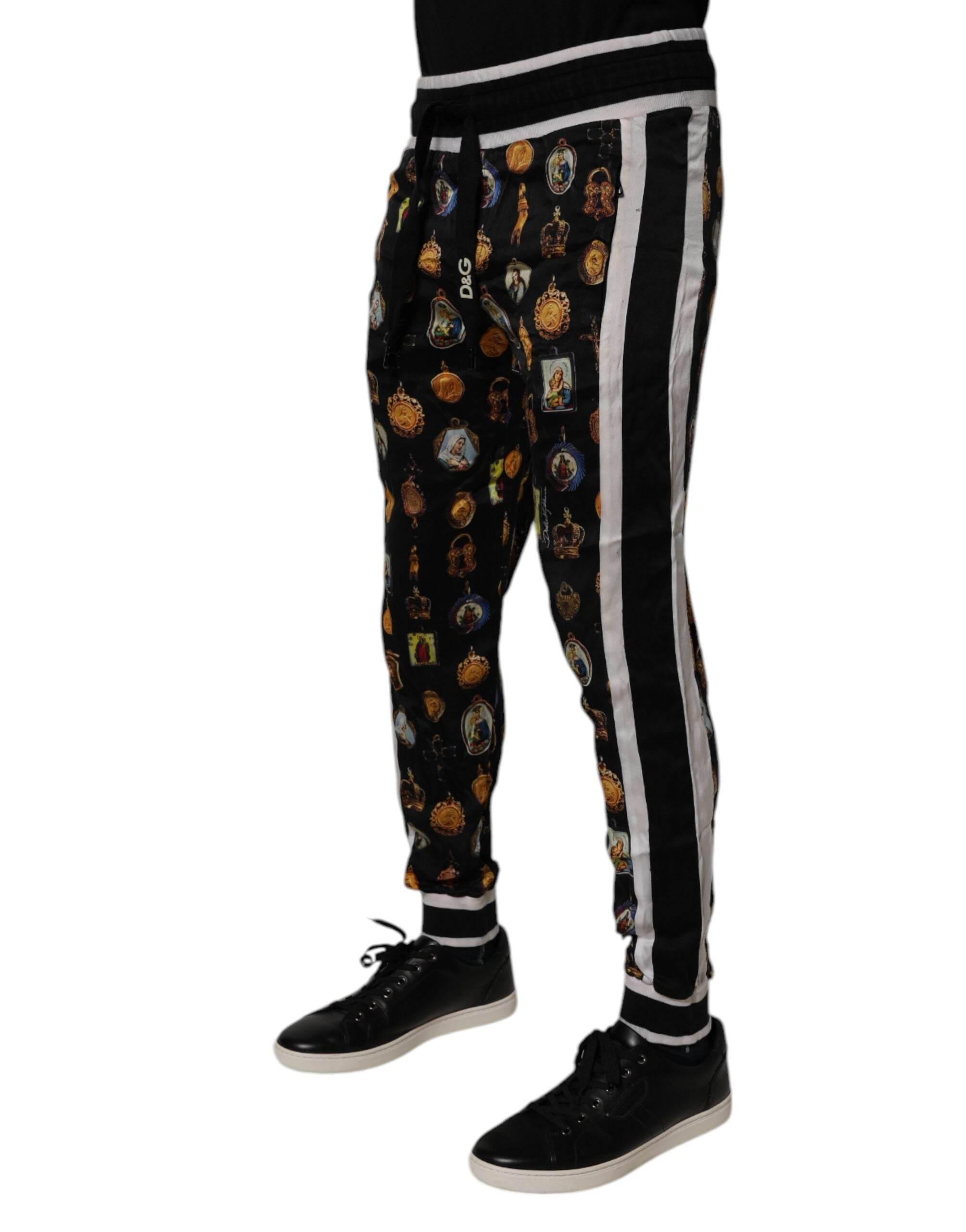 Dolce & Gabbana Black Religious Print Silk Men Jogger Pants - Hilstor