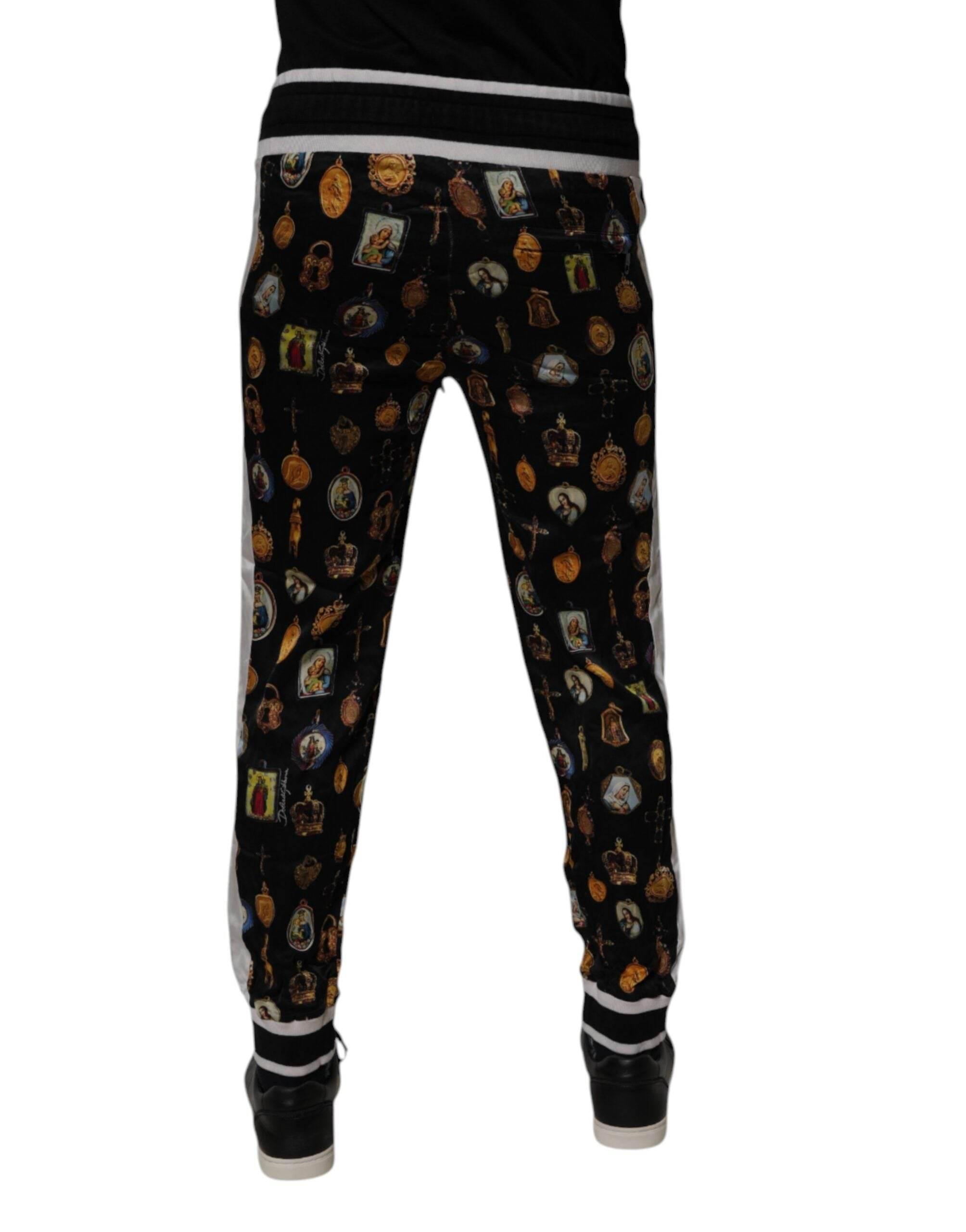 Dolce & Gabbana Black Religious Print Silk Men Jogger Pants - Hilstor