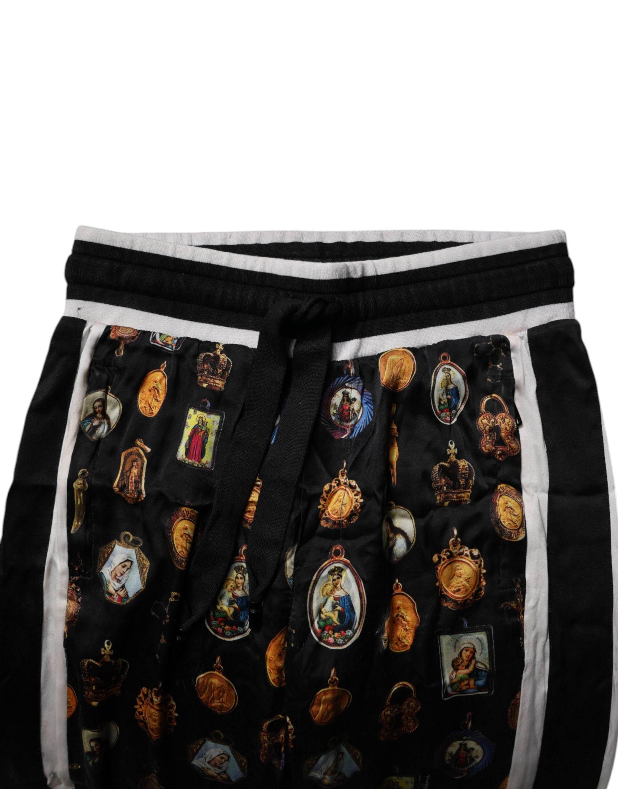 Dolce & Gabbana Black Religious Print Silk Men Jogger Pants - Hilstor