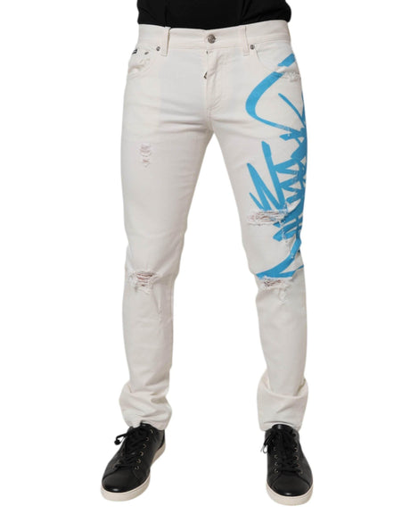 Dolce & Gabbana White Tattered Graffiti Skinny Denim Jeans - Hilstor