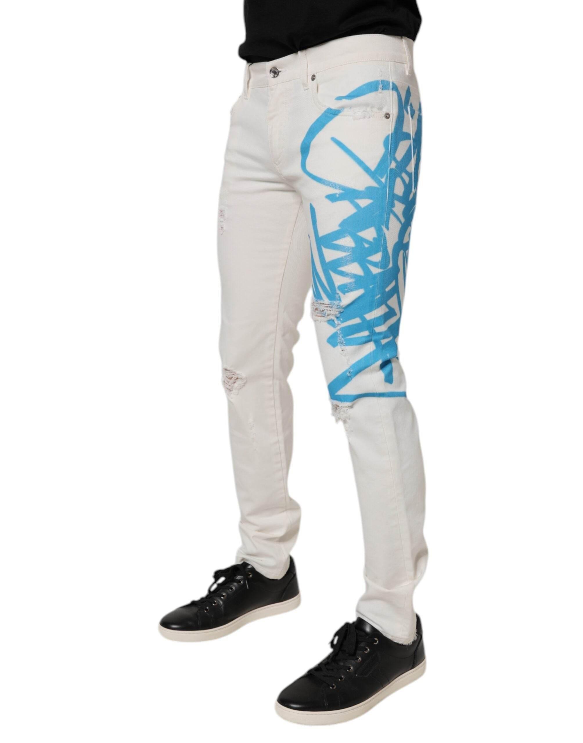 Dolce & Gabbana White Tattered Graffiti Skinny Denim Jeans - Hilstor