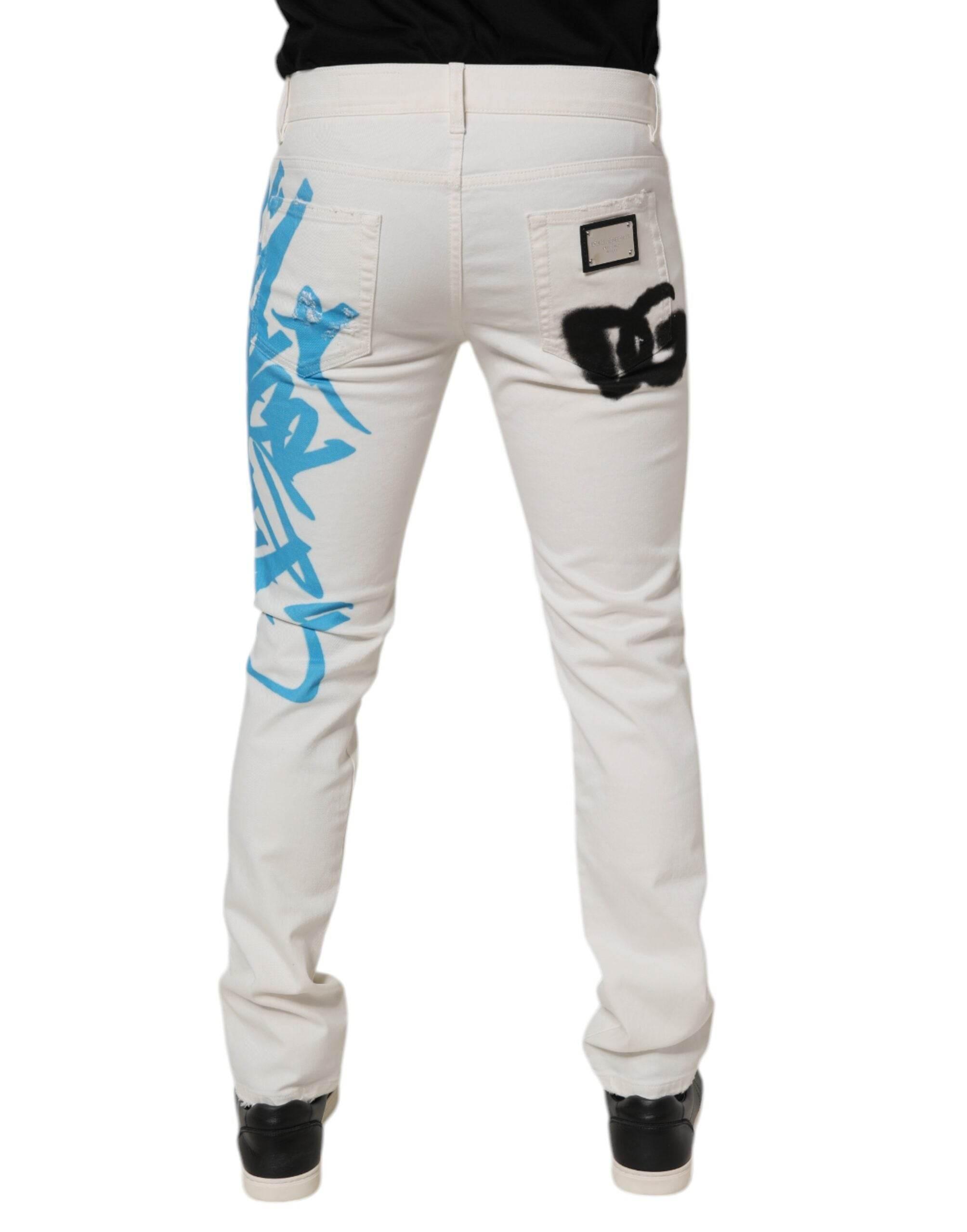 Dolce & Gabbana White Tattered Graffiti Skinny Denim Jeans - Hilstor