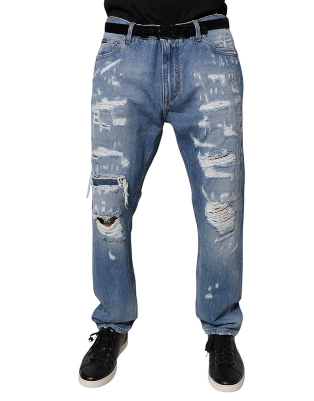 Dolce & Gabbana Blue Tattered Straight Cotton Denim Jeans - Hilstor