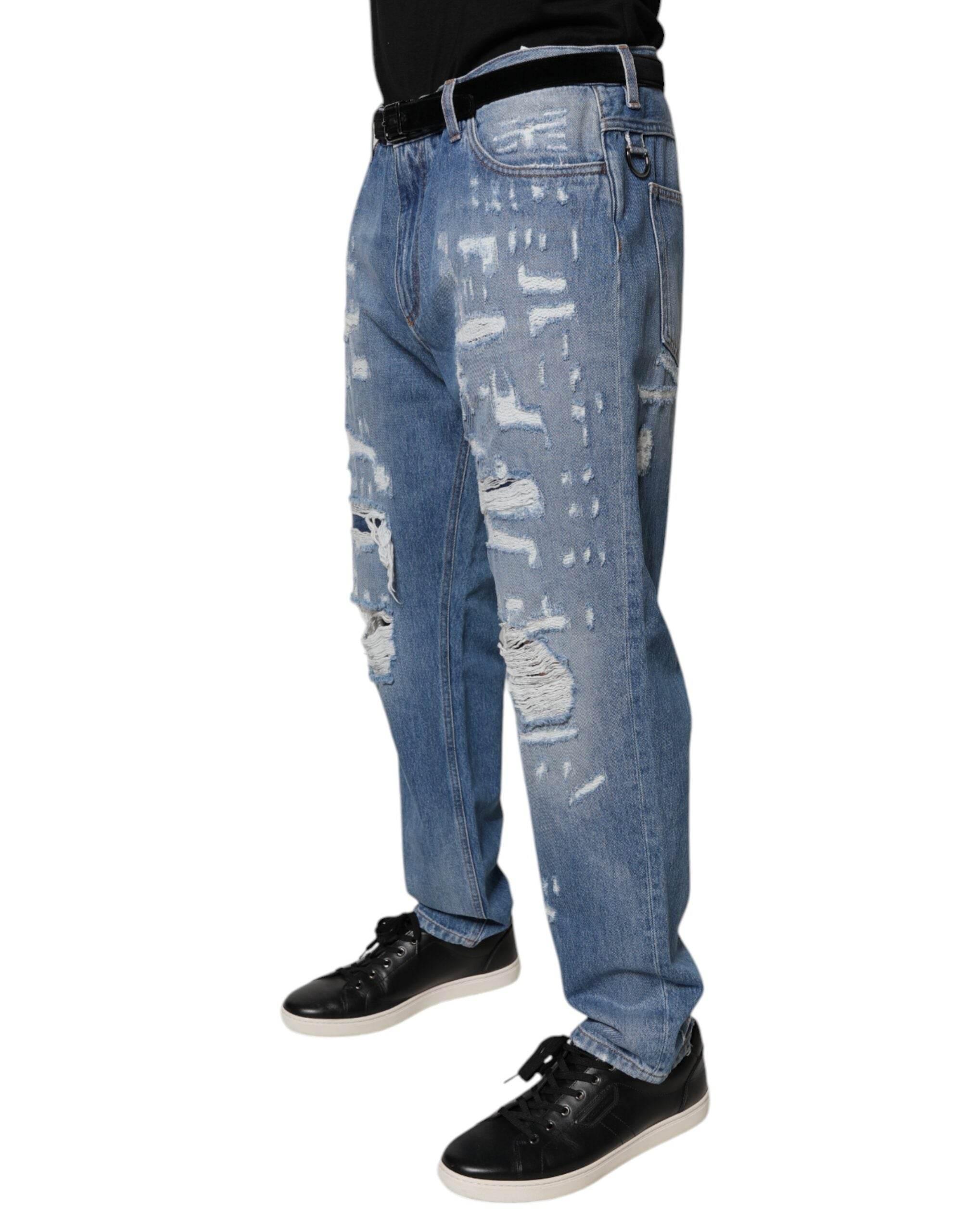 Dolce & Gabbana Blue Tattered Straight Cotton Denim Jeans - Hilstor