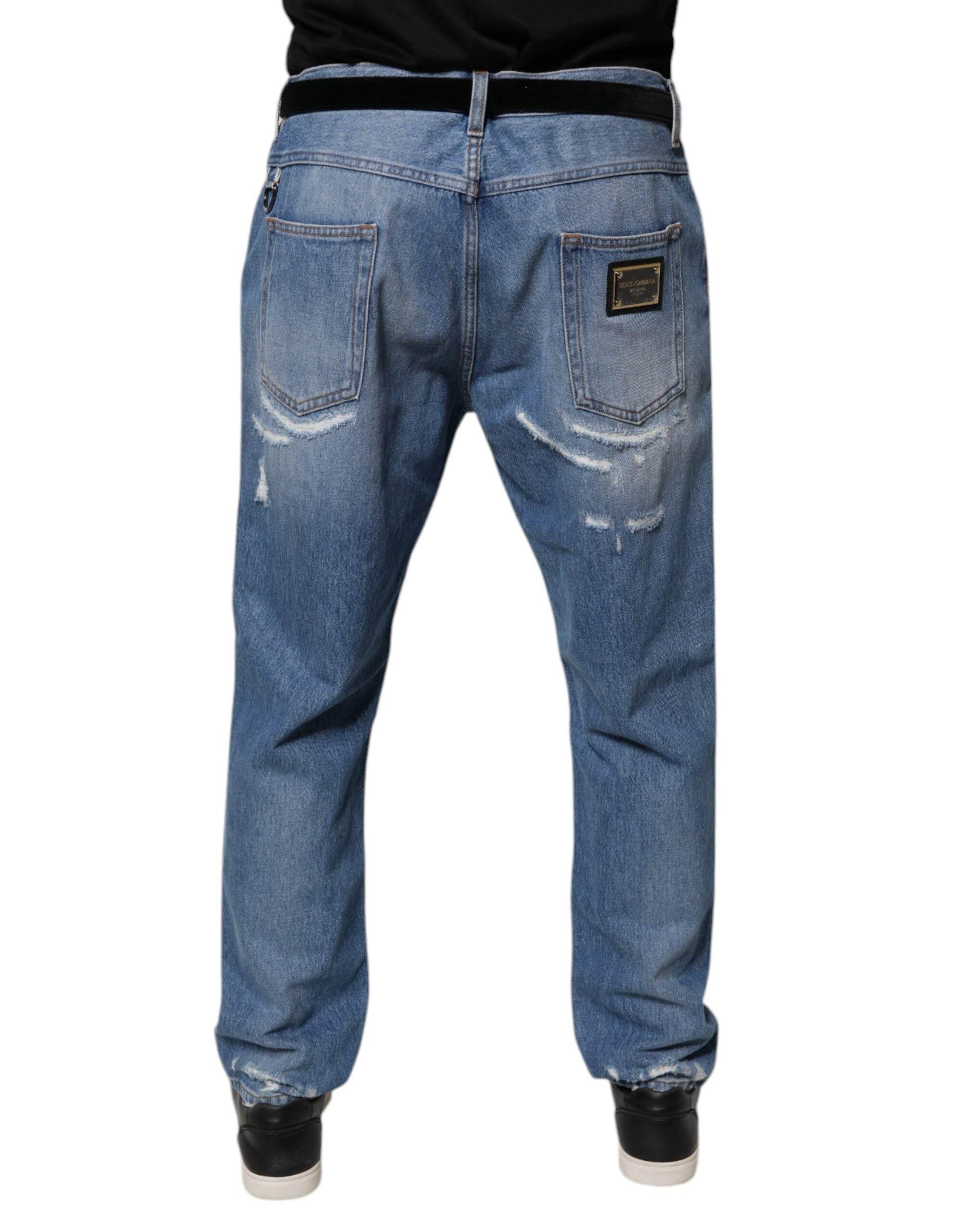Dolce & Gabbana Blue Tattered Straight Cotton Denim Jeans - Hilstor