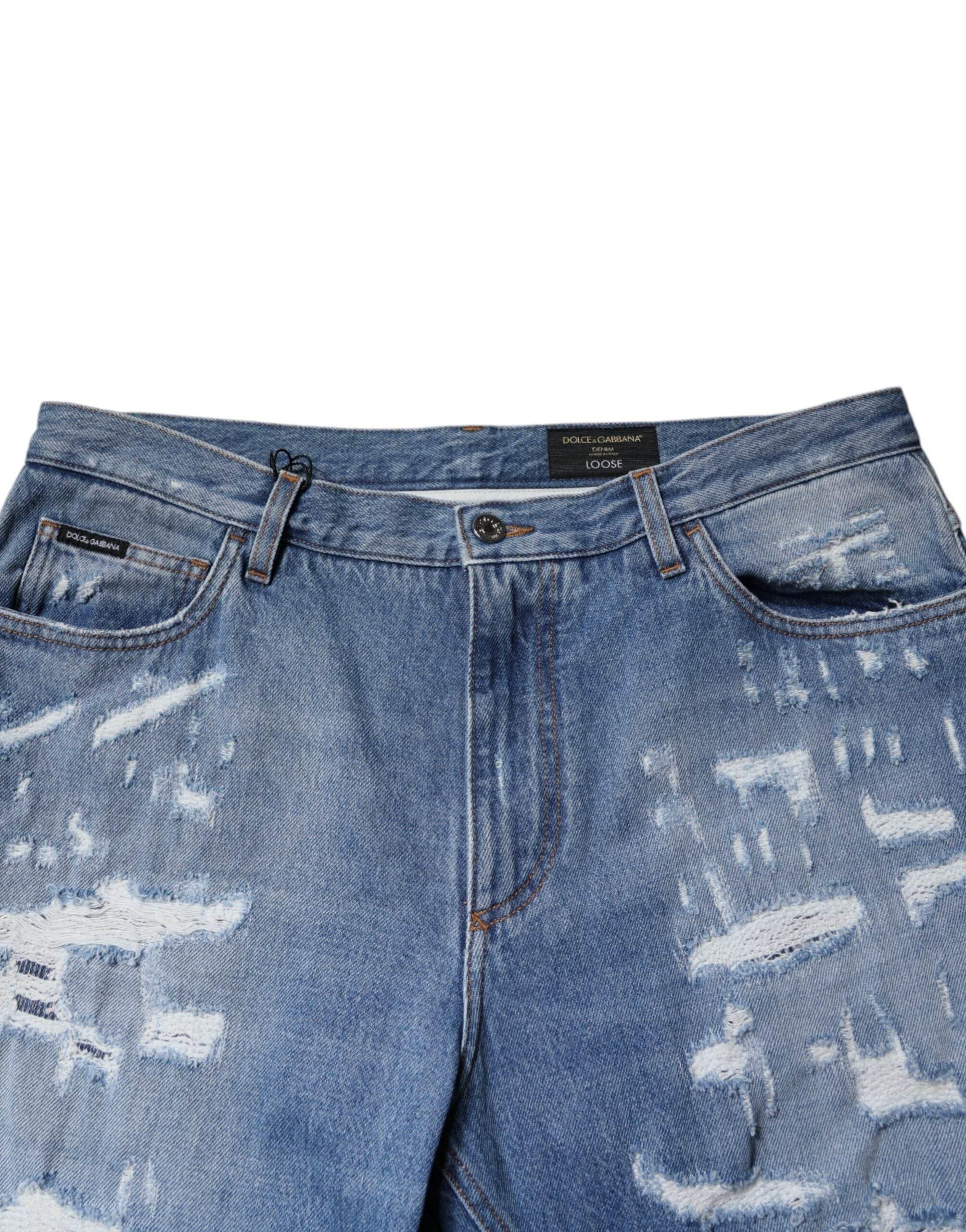 Dolce & Gabbana Blue Tattered Straight Cotton Denim Jeans - Hilstor