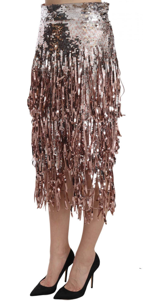 Dolce & Gabbana Metallic Sequin Tulle High-Waist Midi Skirt - Hilstor