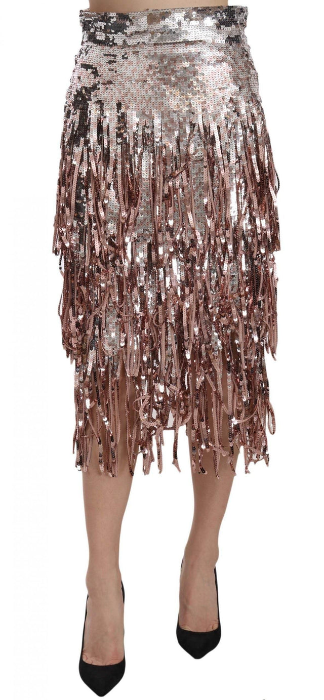 Dolce & Gabbana Metallic Sequin Tulle High-Waist Midi Skirt - Hilstor