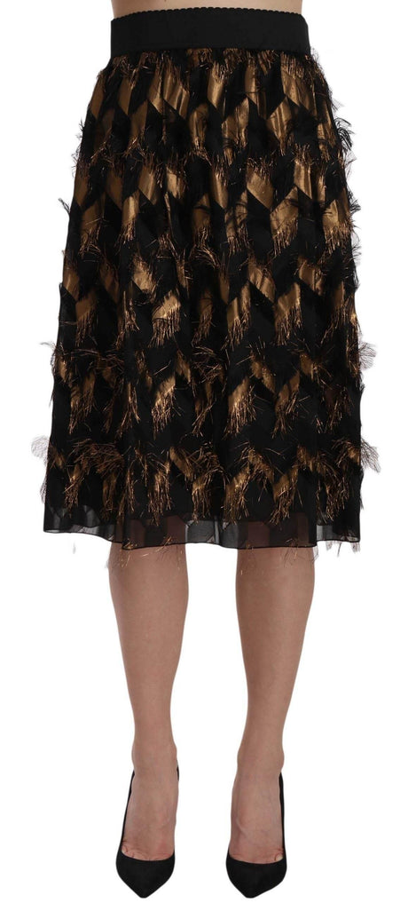 Dolce & Gabbana Elegant Gold Black Silk Blend High Waist Skirt - Hilstor