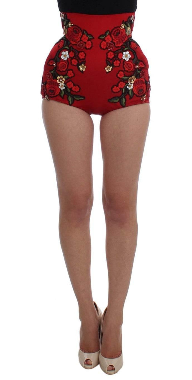 Dolce & Gabbana Glamorous Red Silk Floral Embroidered Shorts - Hilstor