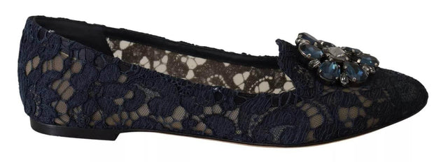 Dolce & Gabbana Blue Crystal Loafer Lace Ballet Flats Shoes - Hilstor
