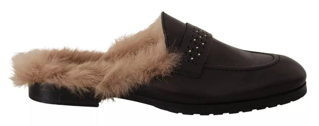 Peserico Black Leather Fur Perforated Slip On Flats Shoes - Hilstor