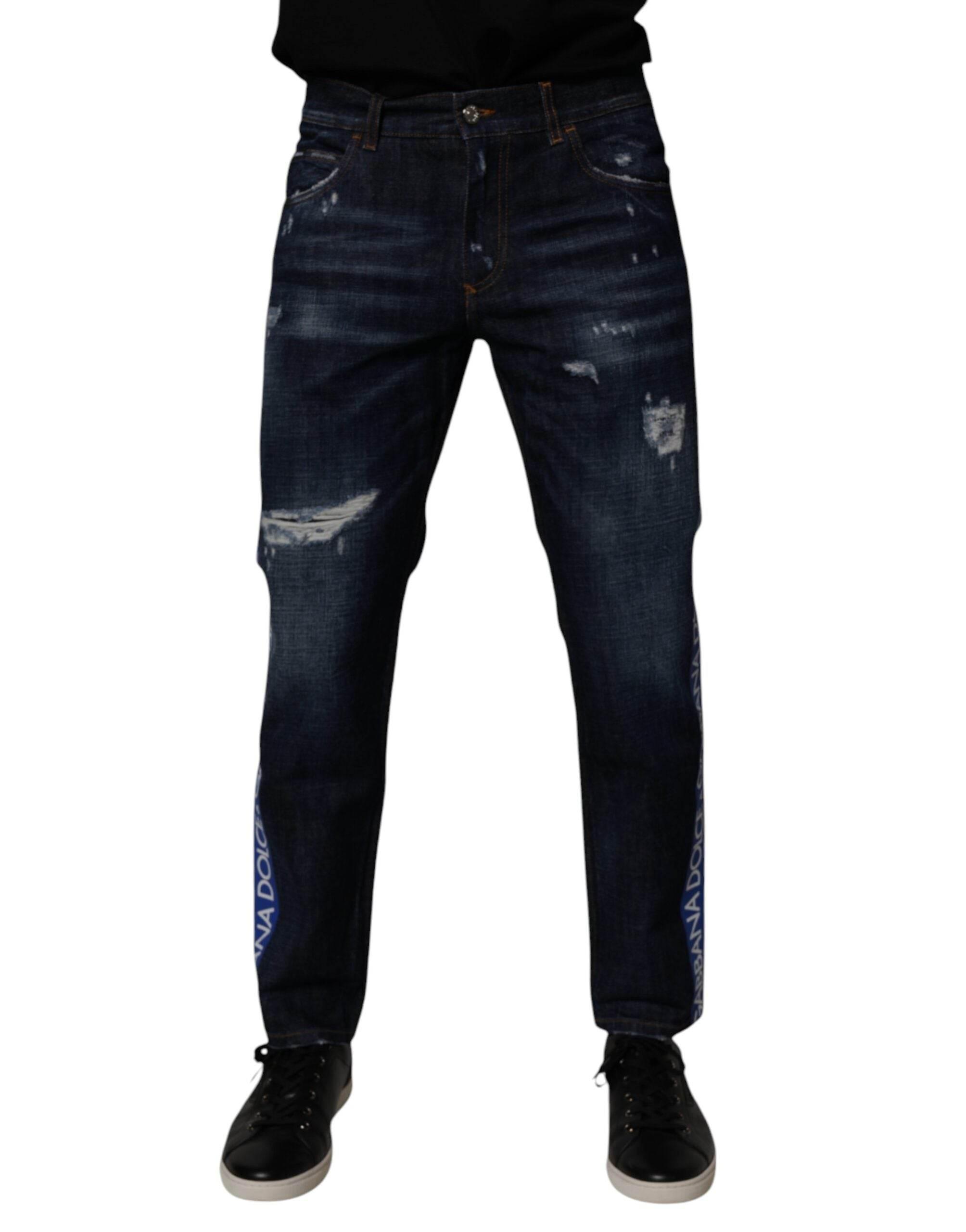 Dolce & Gabbana Dark Blue Cotton Tattered Skinny Denim Jeans - Hilstor
