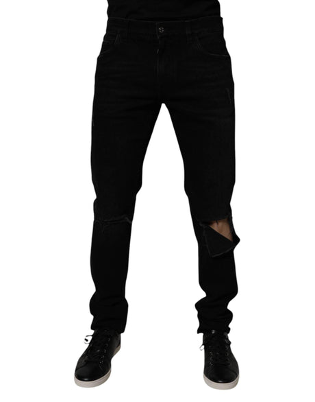 Dolce & Gabbana Black Cotton Tattered Skinny Men Denim Jeans - Hilstor