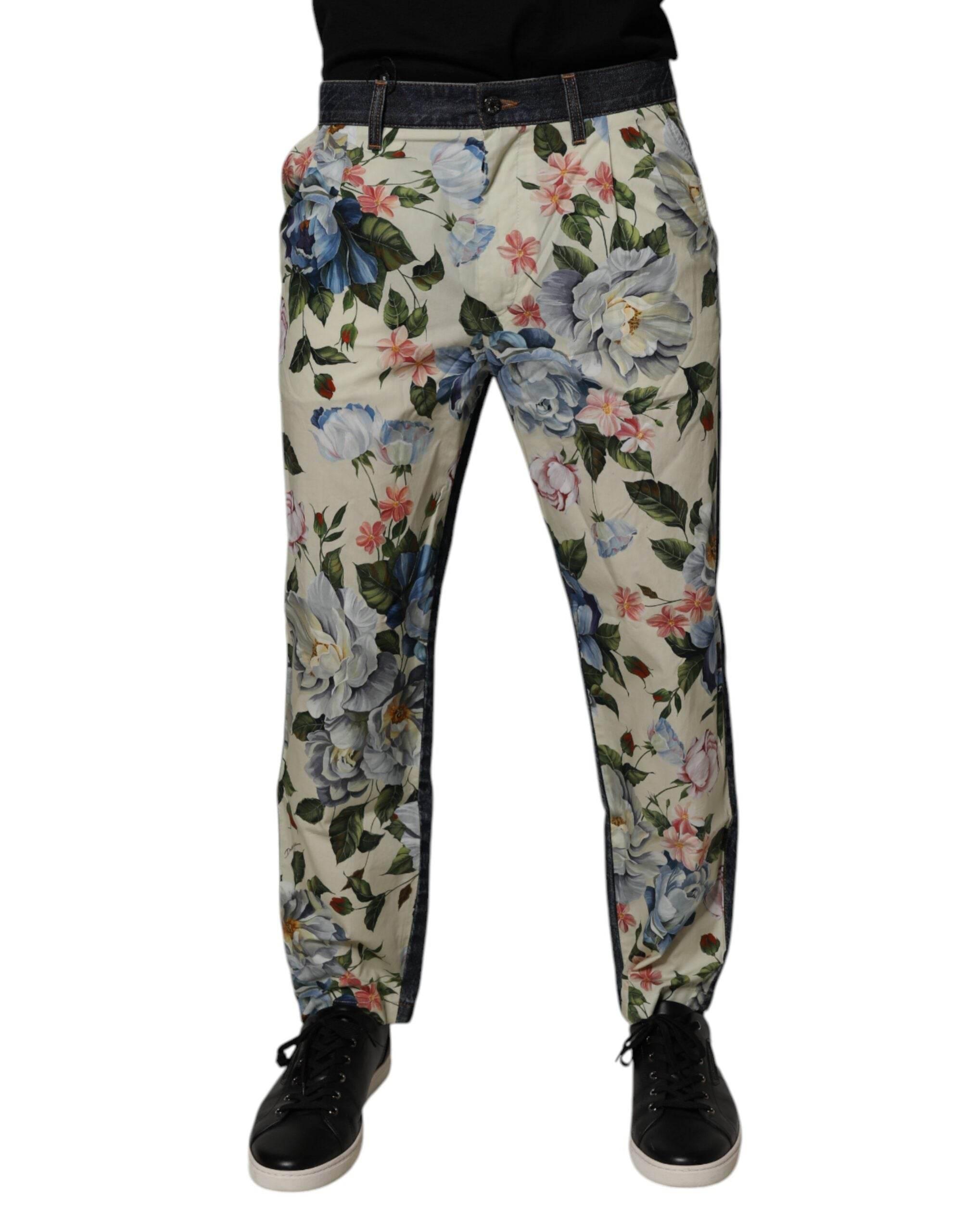 Dolce & Gabbana Beige Blue Floral Cotton Men Denim Jeans - Hilstor