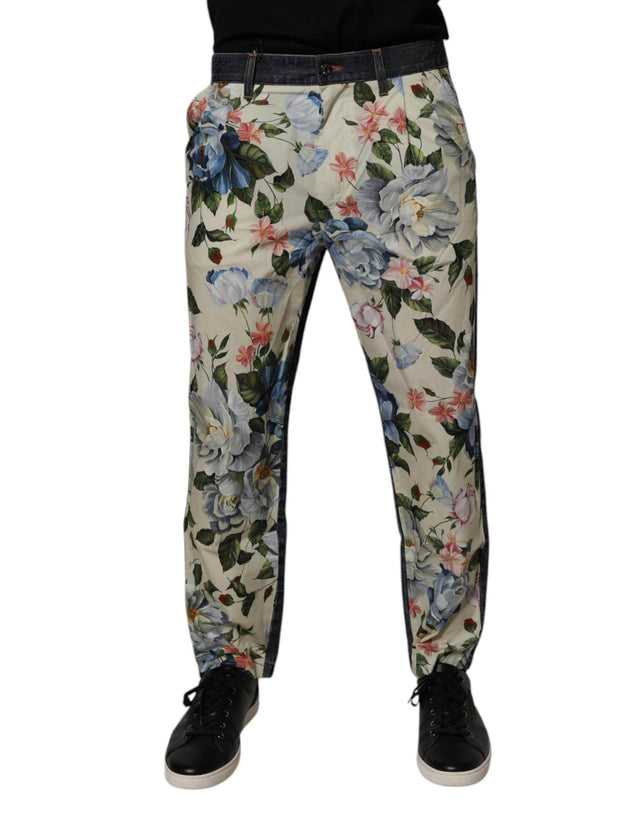 Dolce & Gabbana Beige Blue Floral Cotton Men Denim Jeans - Hilstor