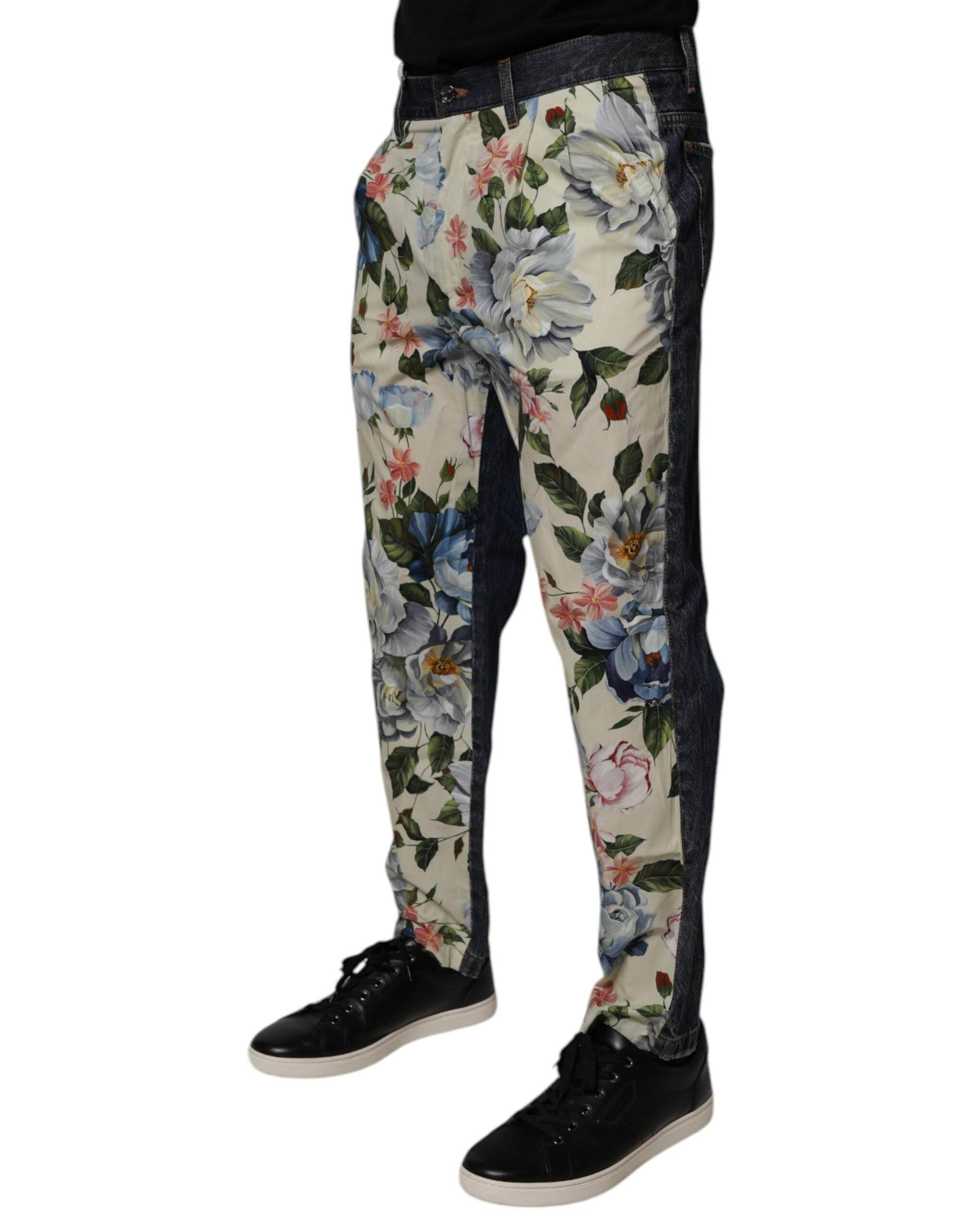 Dolce & Gabbana Beige Blue Floral Cotton Men Denim Jeans - Hilstor