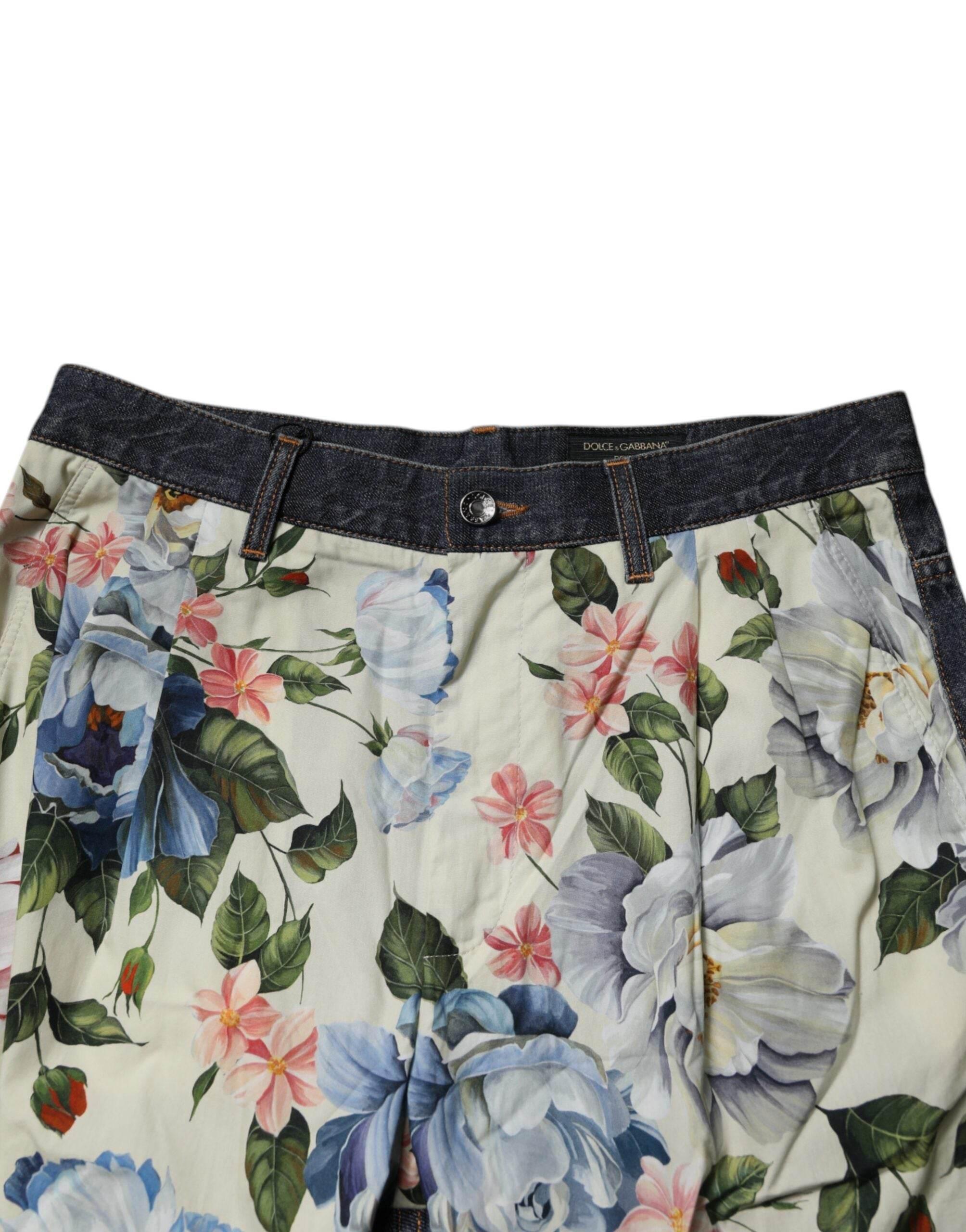 Dolce & Gabbana Beige Blue Floral Cotton Men Denim Jeans - Hilstor