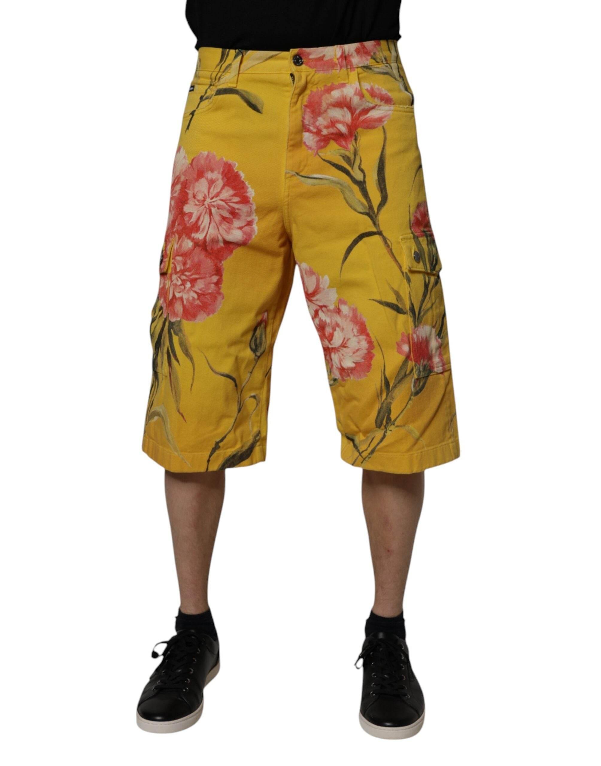 Dolce & Gabbana Yellow Floral Cargo Denim Men Bermuda Shorts - Hilstor