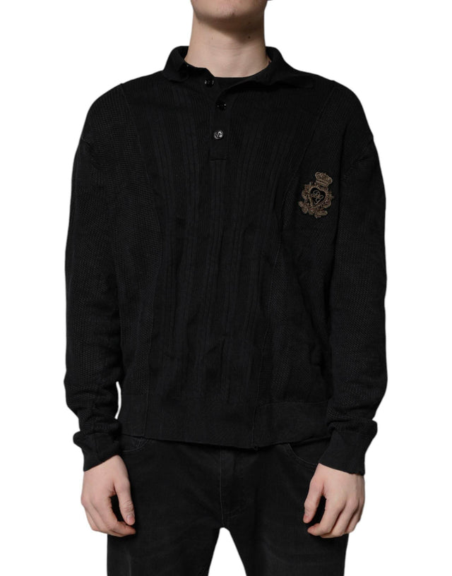 Dolce & Gabbana Black Heraldic Silk Buttoned Pullover Sweater - Hilstor