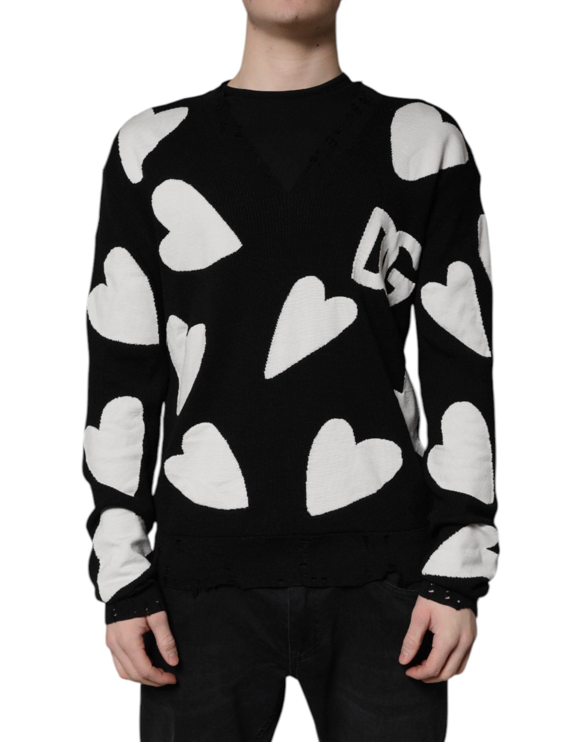 Dolce & Gabbana Black Hearts Silk Crew Neck Pullover Sweater - Hilstor
