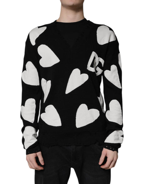 Dolce & Gabbana Black Hearts Silk Crew Neck Pullover Sweater - Hilstor