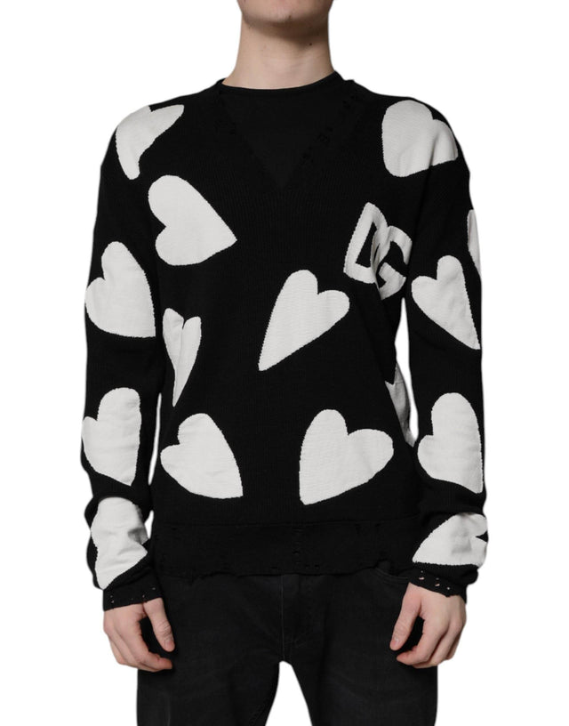 Dolce & Gabbana Black Hearts Silk Crew Neck Pullover Sweater - Hilstor