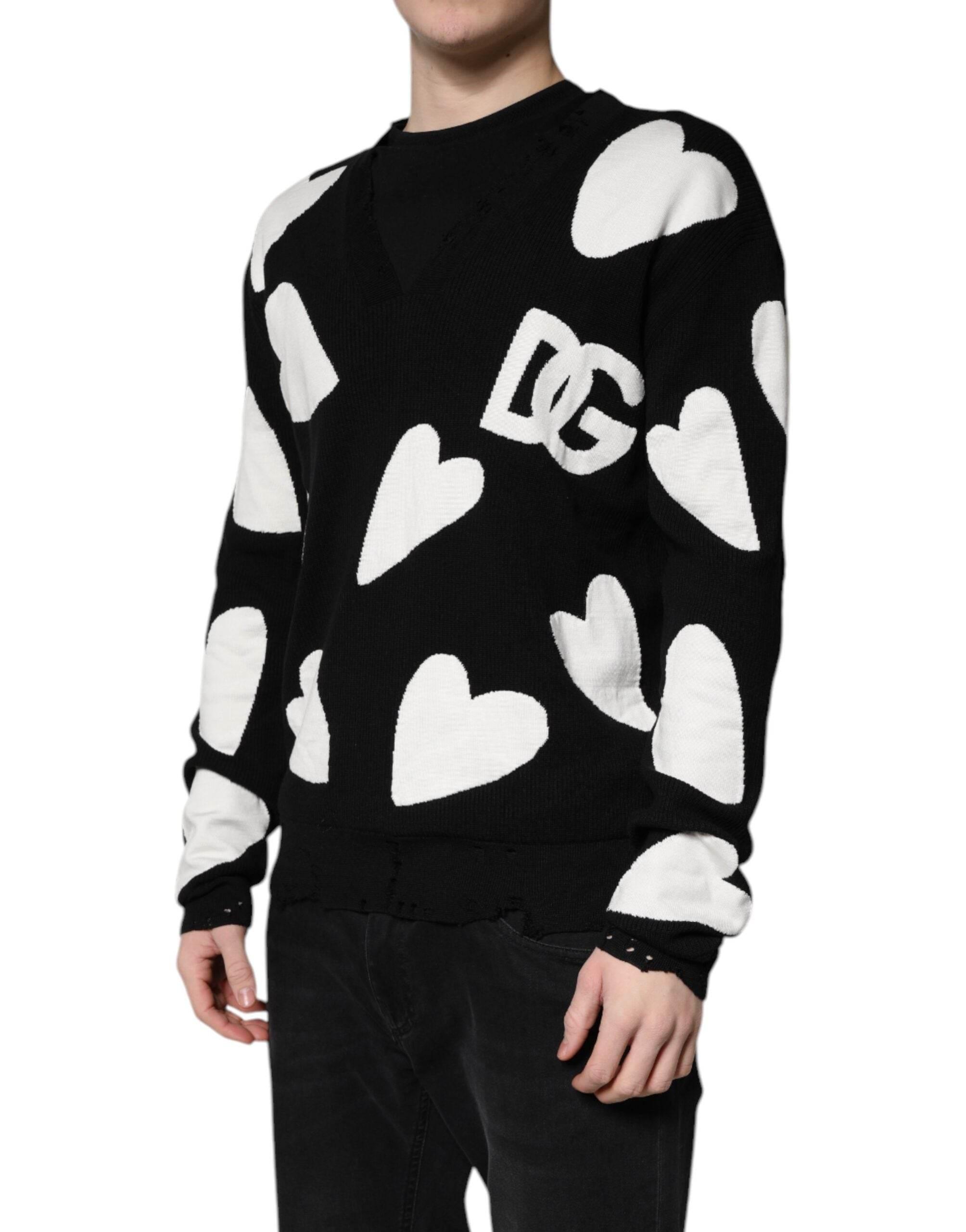 Dolce & Gabbana Black Hearts Silk Crew Neck Pullover Sweater - Hilstor