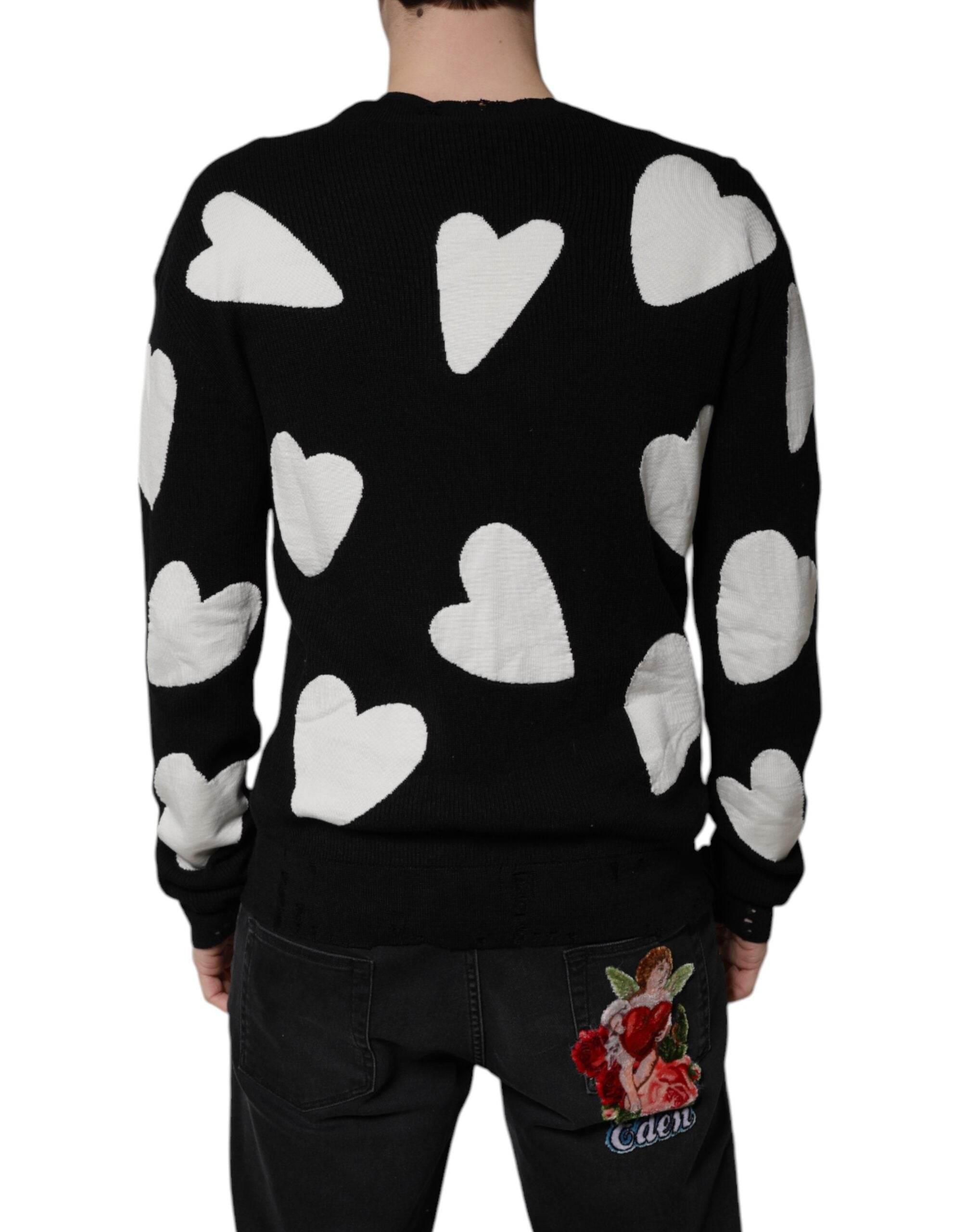 Dolce & Gabbana Black Hearts Silk Crew Neck Pullover Sweater - Hilstor