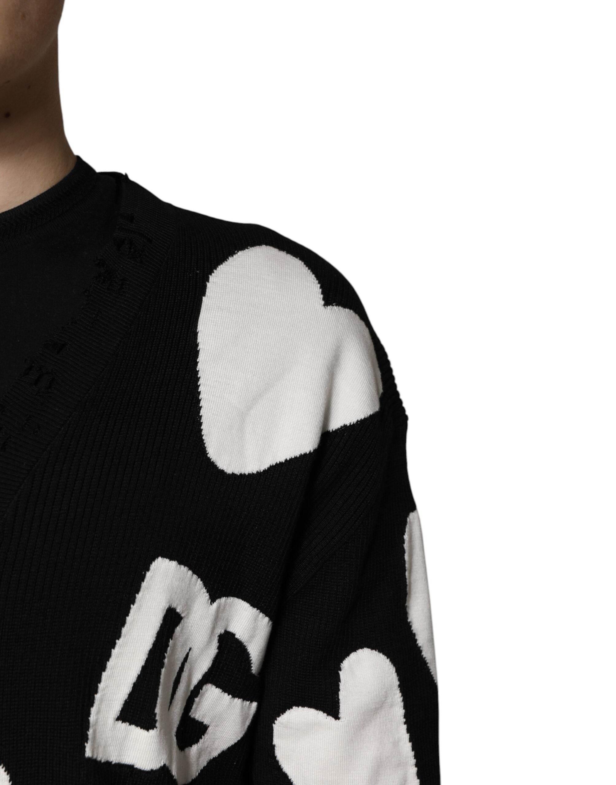 Dolce & Gabbana Black Hearts Silk Crew Neck Pullover Sweater - Hilstor
