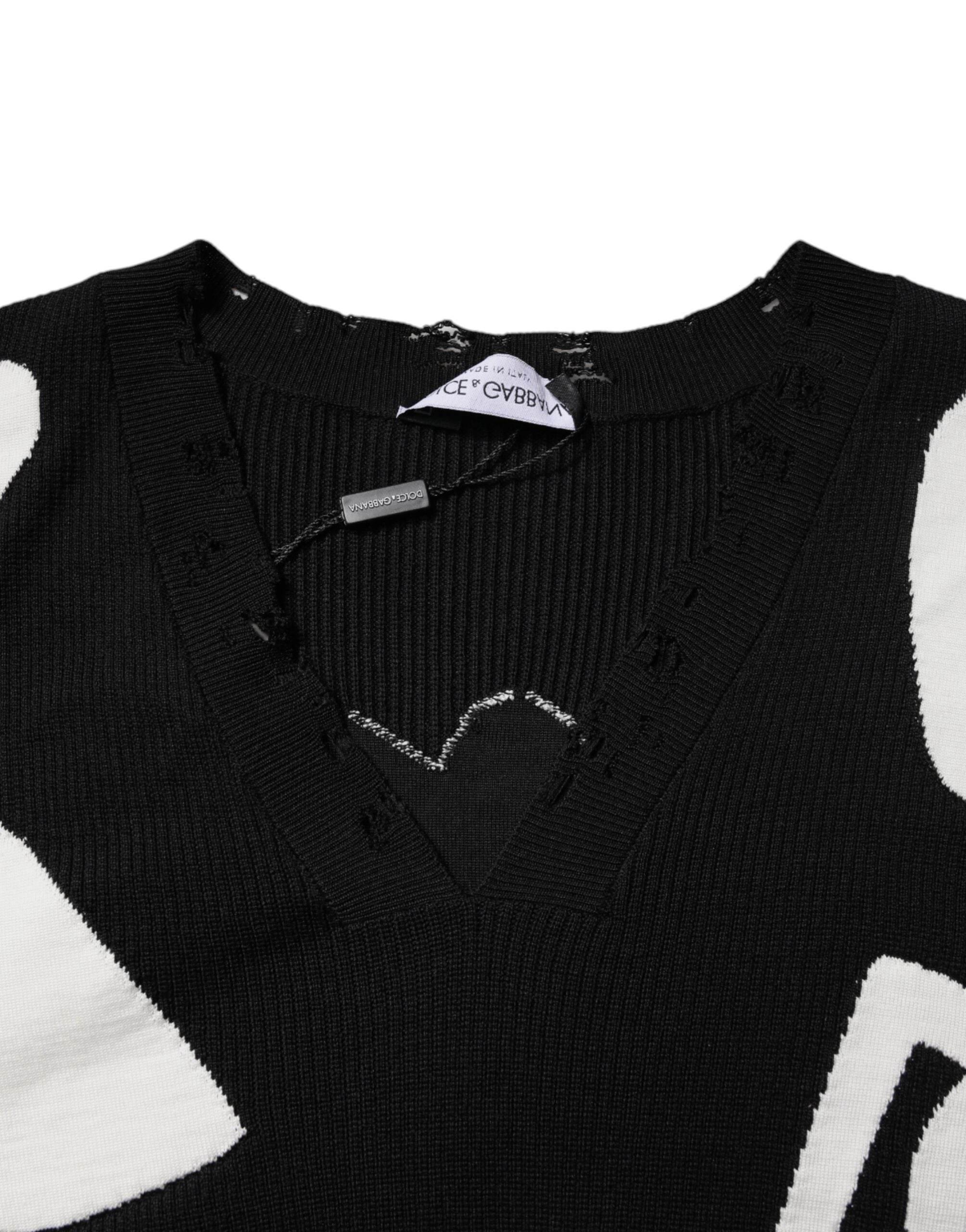 Dolce & Gabbana Black Hearts Silk Crew Neck Pullover Sweater - Hilstor