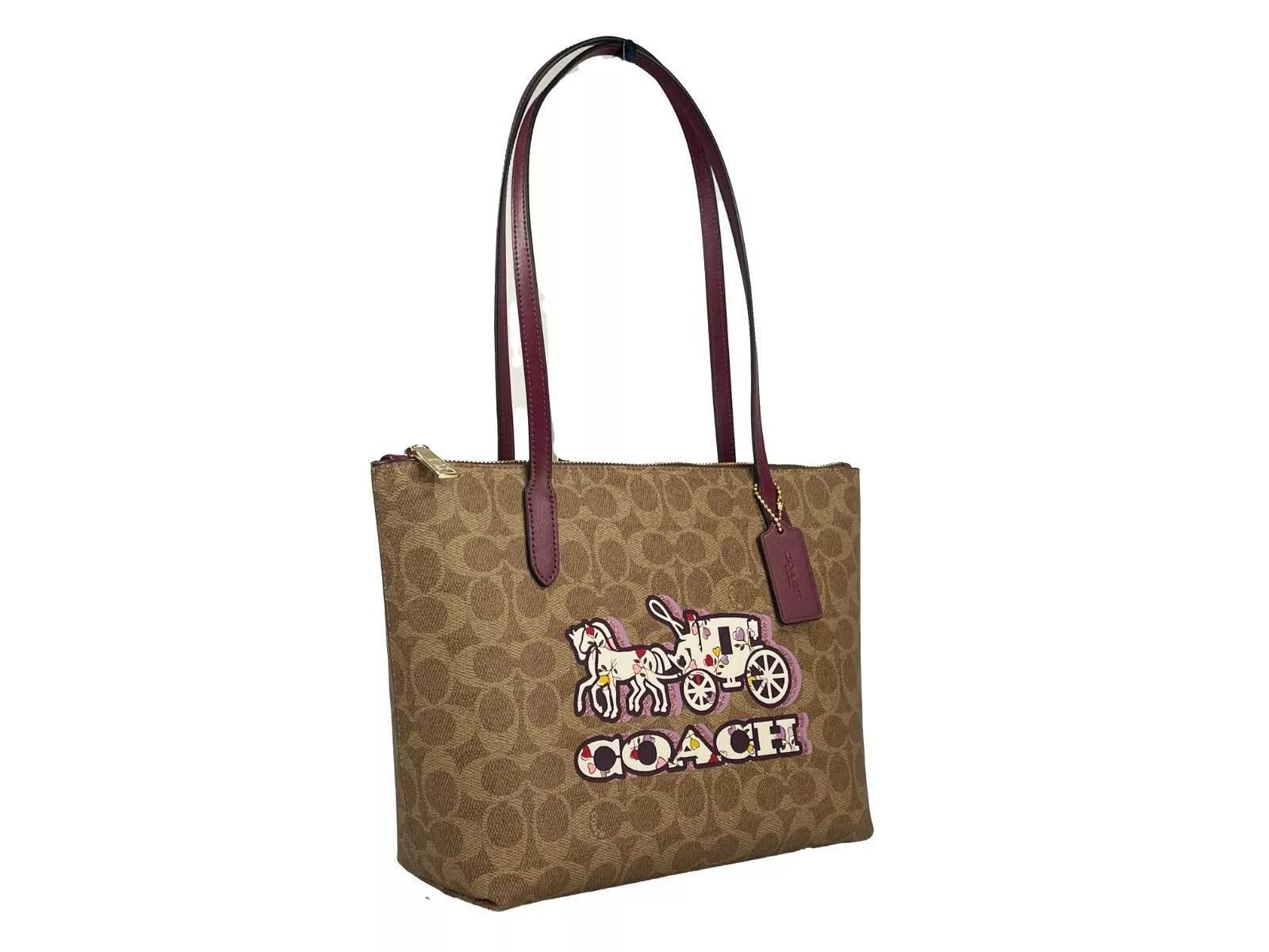 COACH Signature Canvas Fiona Zip Tote Bag Brown - Hilstor