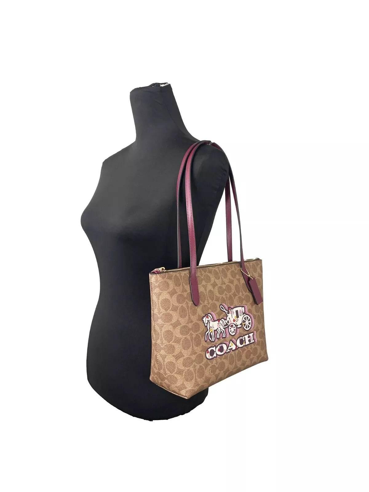 COACH Signature Canvas Fiona Zip Tote Bag Brown - Hilstor