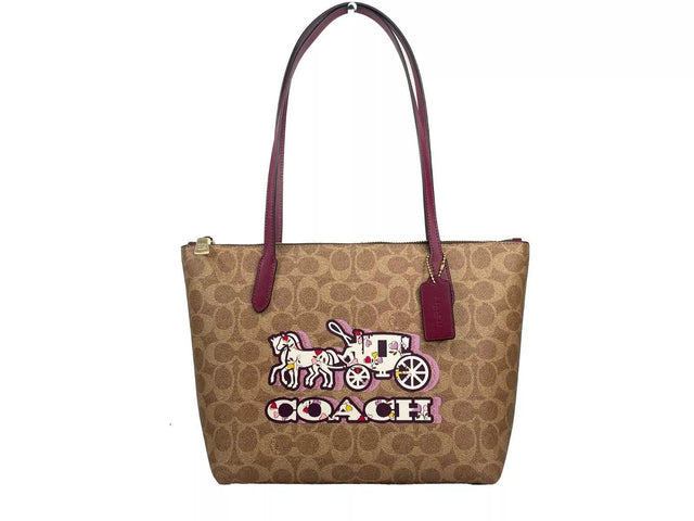 COACH Signature Canvas Fiona Zip Tote Bag Brown - Hilstor