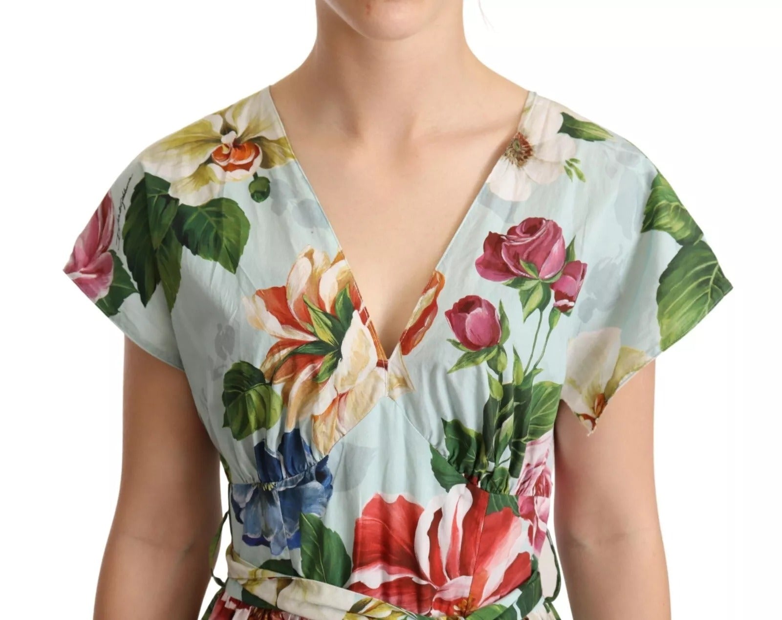 Dolce &amp; Gabbana Grön Blommig Kortärmad Bomullsklänning Med V-ringning