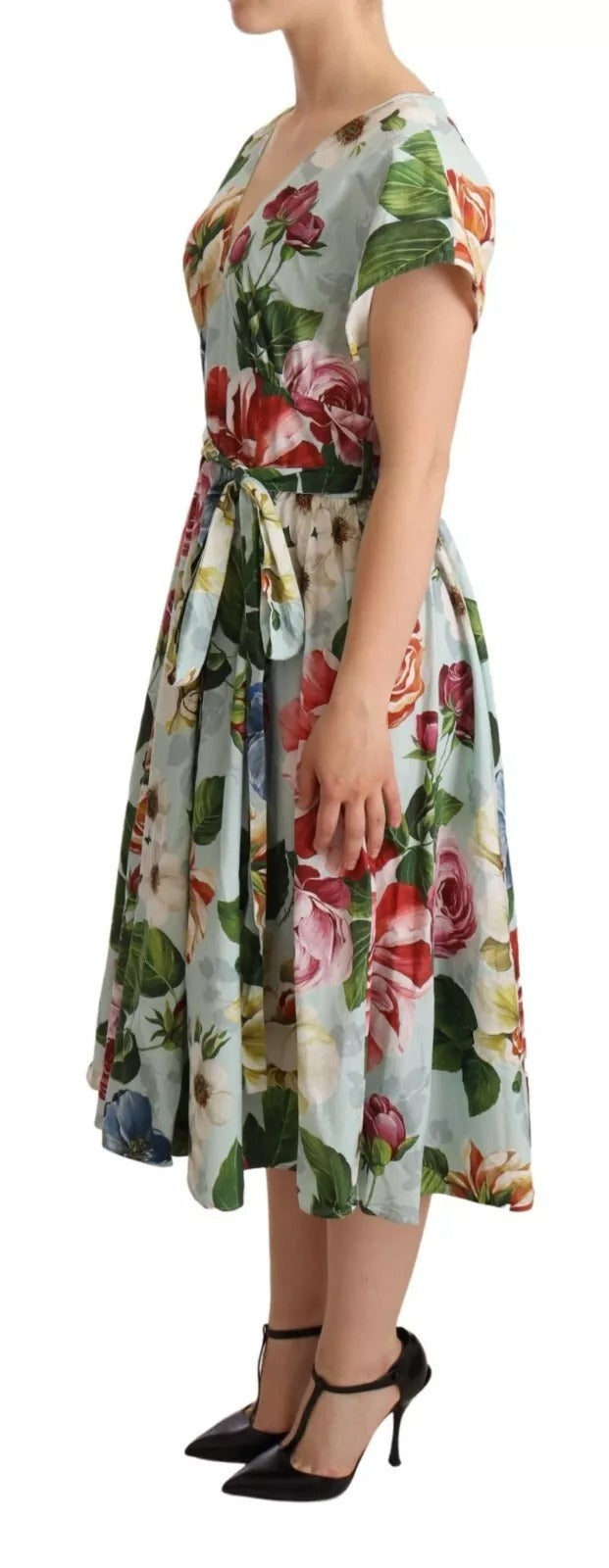 Dolce &amp; Gabbana Grön Blommig Kortärmad Bomullsklänning Med V-ringning