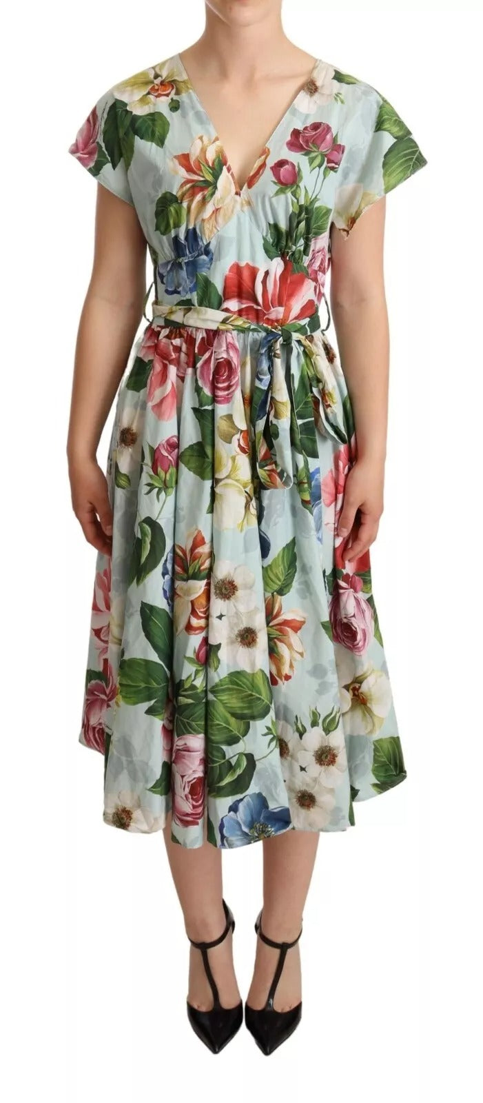 Dolce &amp; Gabbana Grön Blommig Kortärmad Bomullsklänning Med V-ringning