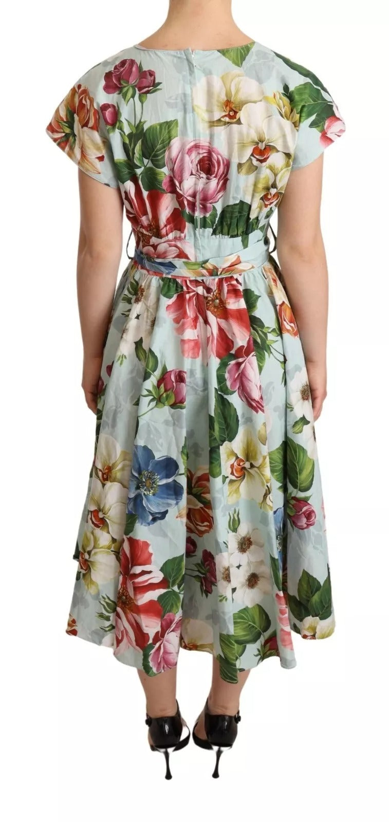 Dolce &amp; Gabbana Grön Blommig Kortärmad Bomullsklänning Med V-ringning