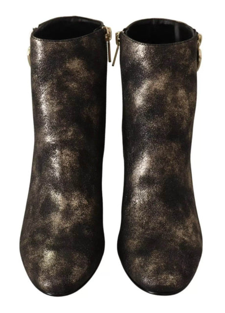 MY TWIN Black Leather Block Heels Ankle Boots Zipper Shoes - Hilstor