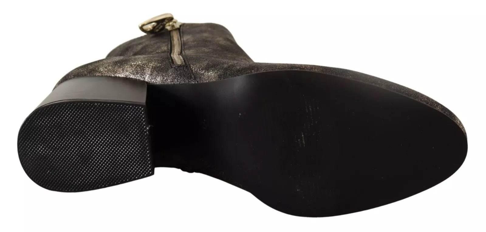 MY TWIN Black Leather Block Heels Ankle Boots Zipper Shoes - Hilstor
