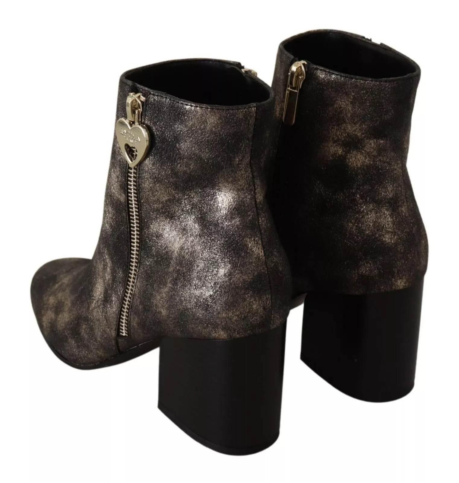 MY TWIN Black Leather Block Heels Ankle Boots Zipper Shoes - Hilstor