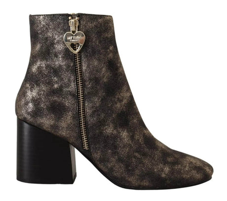MY TWIN Black Leather Block Heels Ankle Boots Zipper Shoes - Hilstor