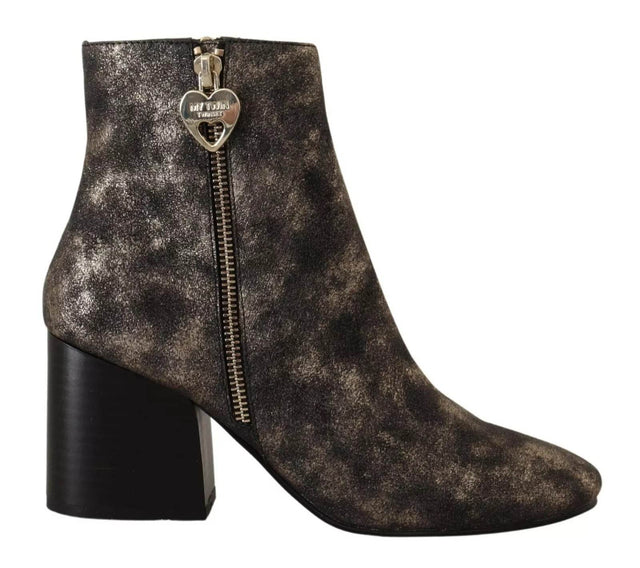 MY TWIN Black Leather Block Heels Ankle Boots Zipper Shoes - Hilstor