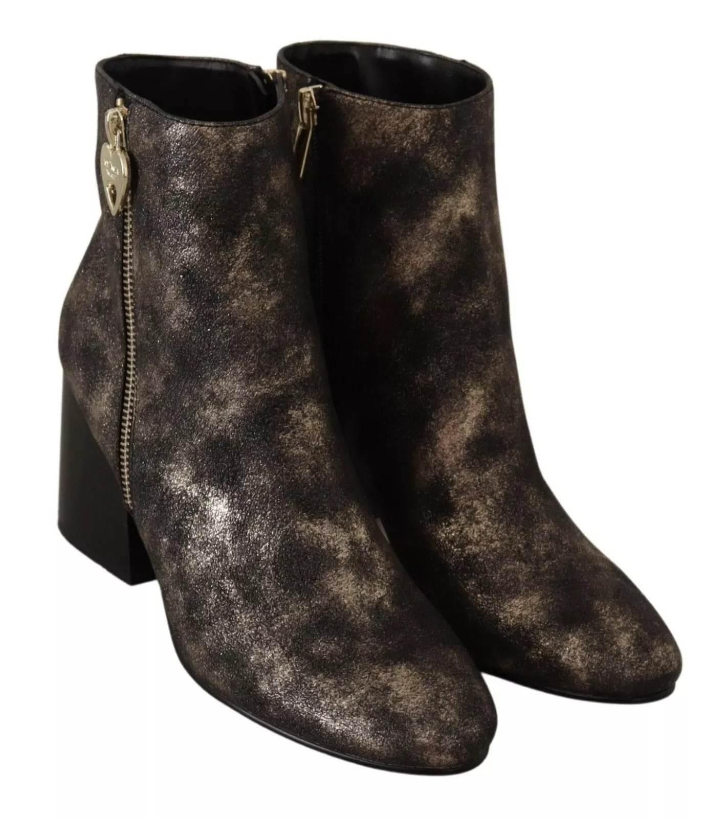 MY TWIN Black Leather Block Heels Ankle Boots Zipper Shoes - Hilstor