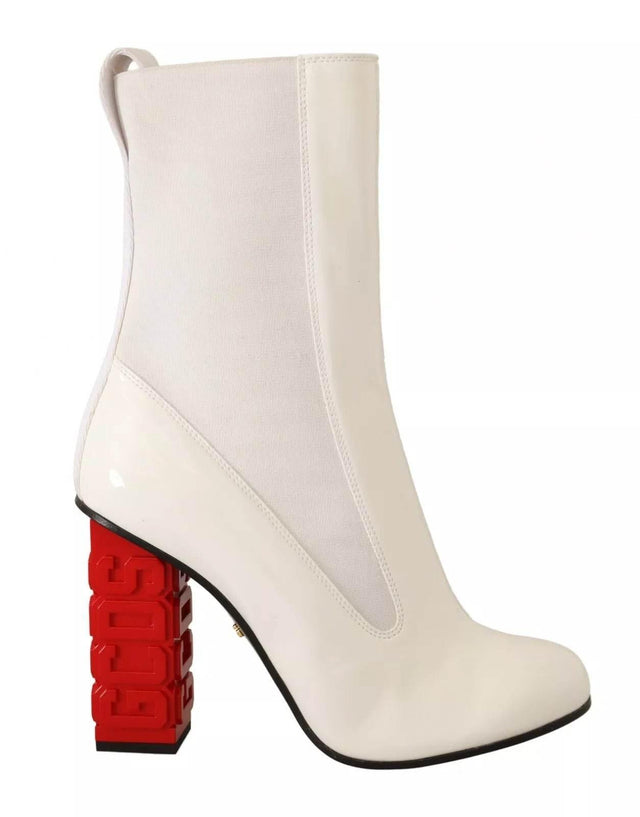 GCDS White Leather Fabric Red Logo Heel Ankle Boots Shoes - Hilstor