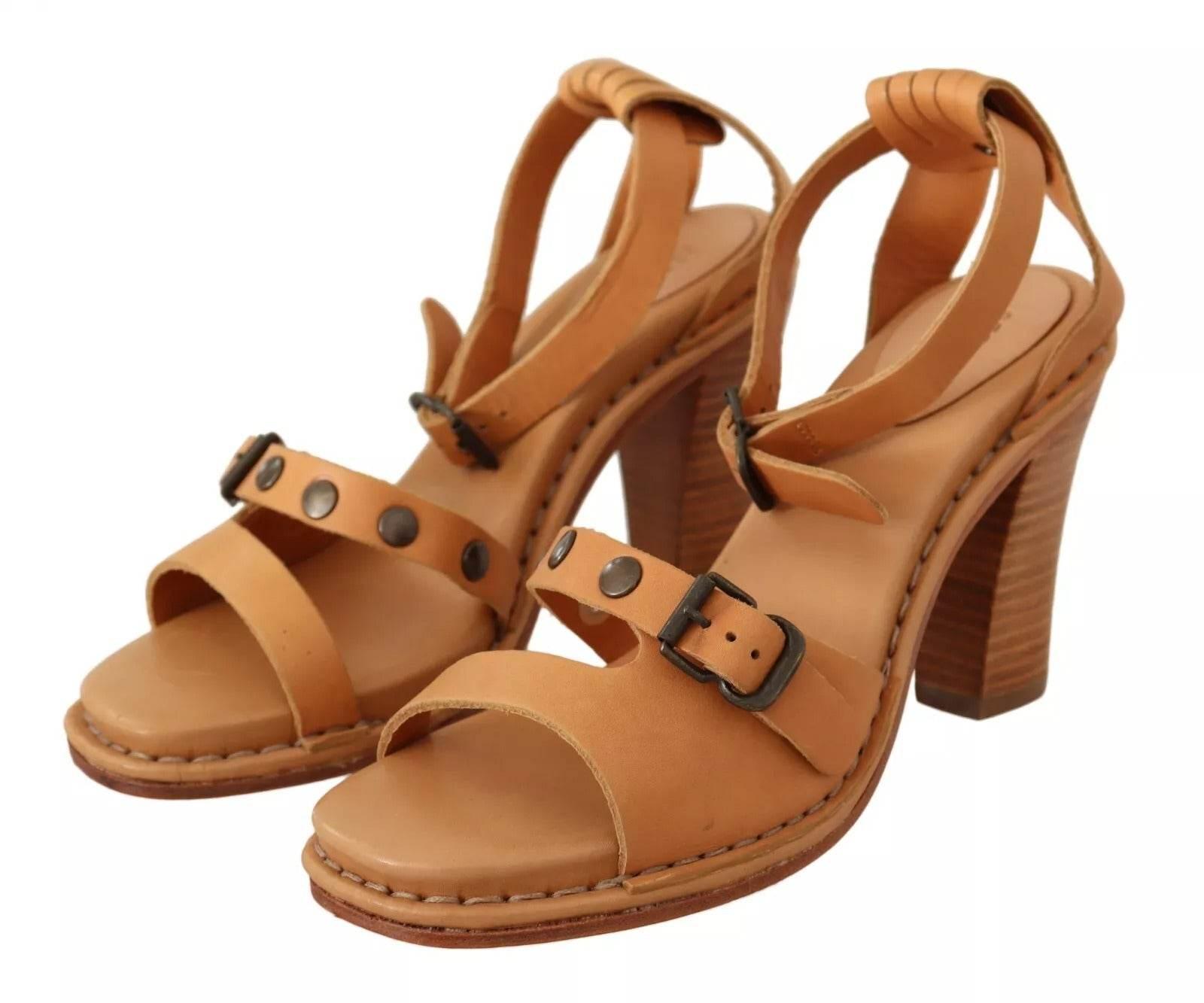 See By Chloé Brown Leather Studded Ankle Strap Sandals Shoes - Hilstor