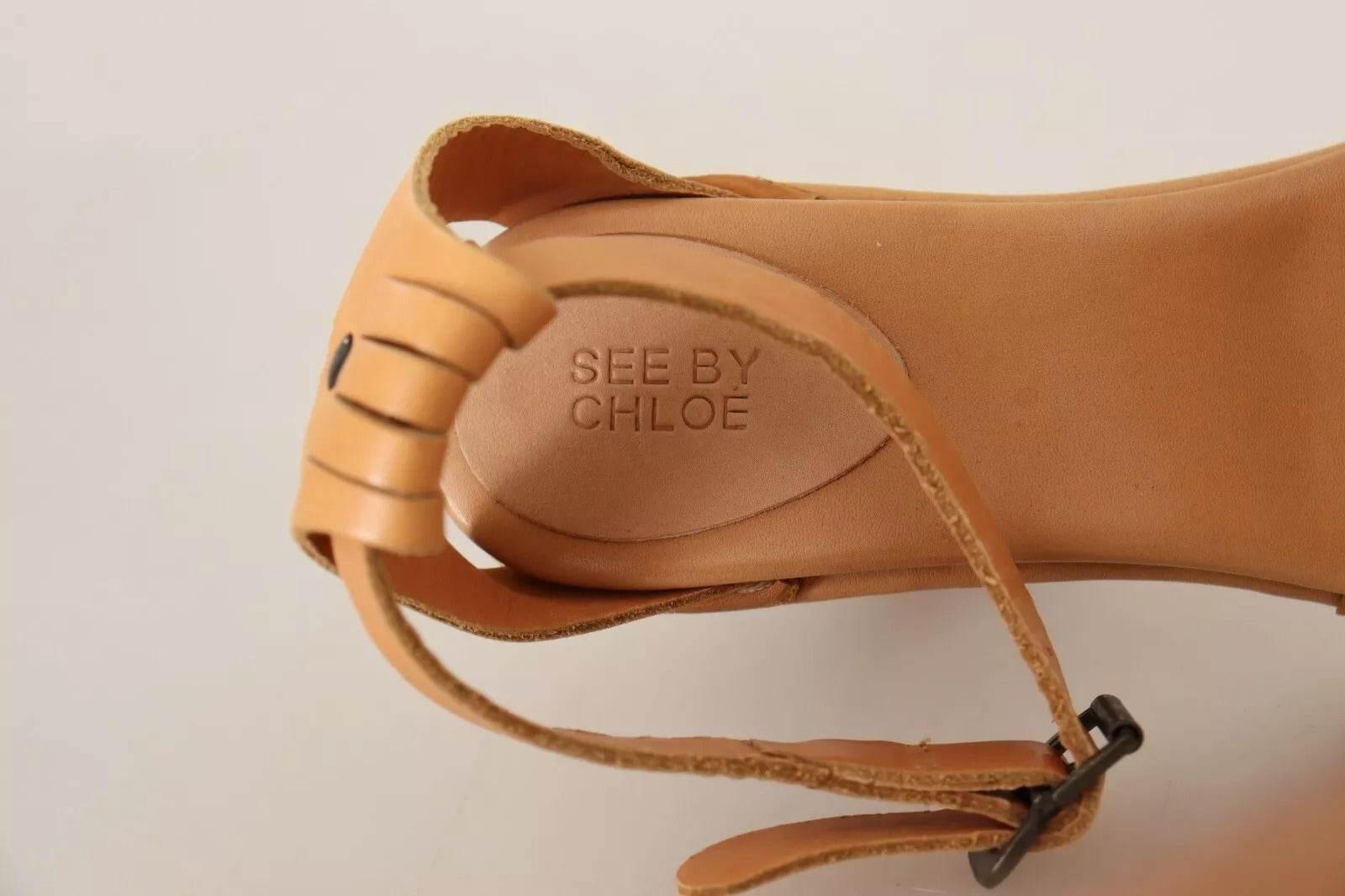 See By Chloé Brown Leather Studded Ankle Strap Sandals Shoes - Hilstor