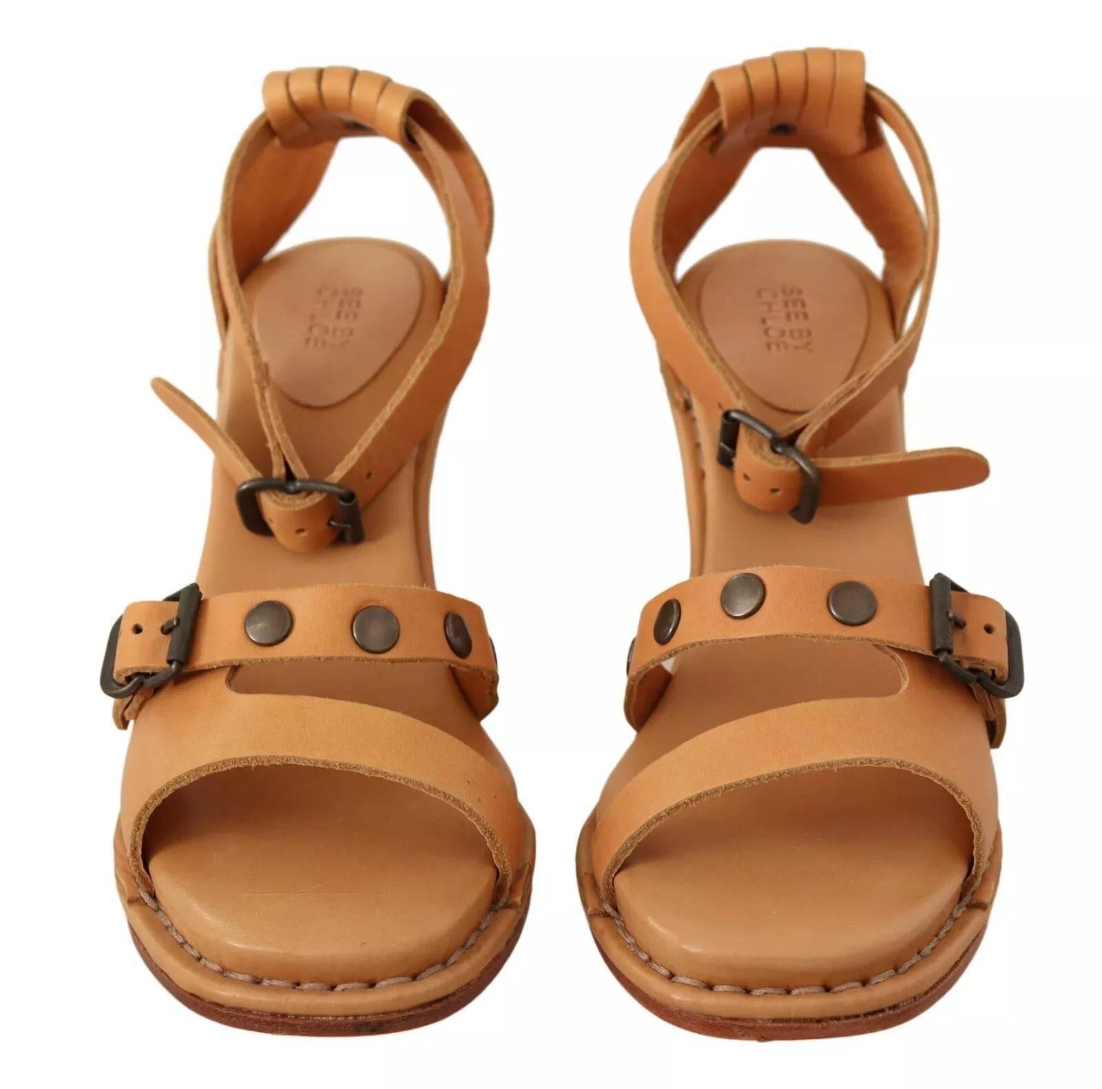 See By Chloé Brown Leather Studded Ankle Strap Sandals Shoes - Hilstor