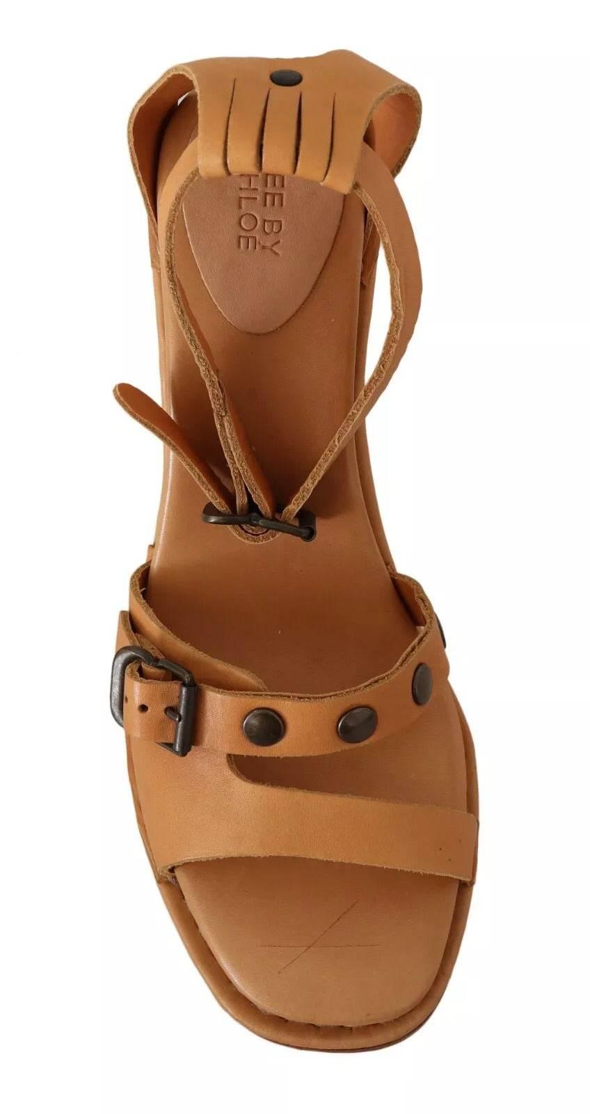 See By Chloé Brown Leather Studded Ankle Strap Sandals Shoes - Hilstor